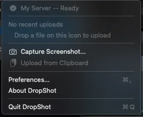 DropShot v menu baru — drop soubor, capture screenshot, upload na server